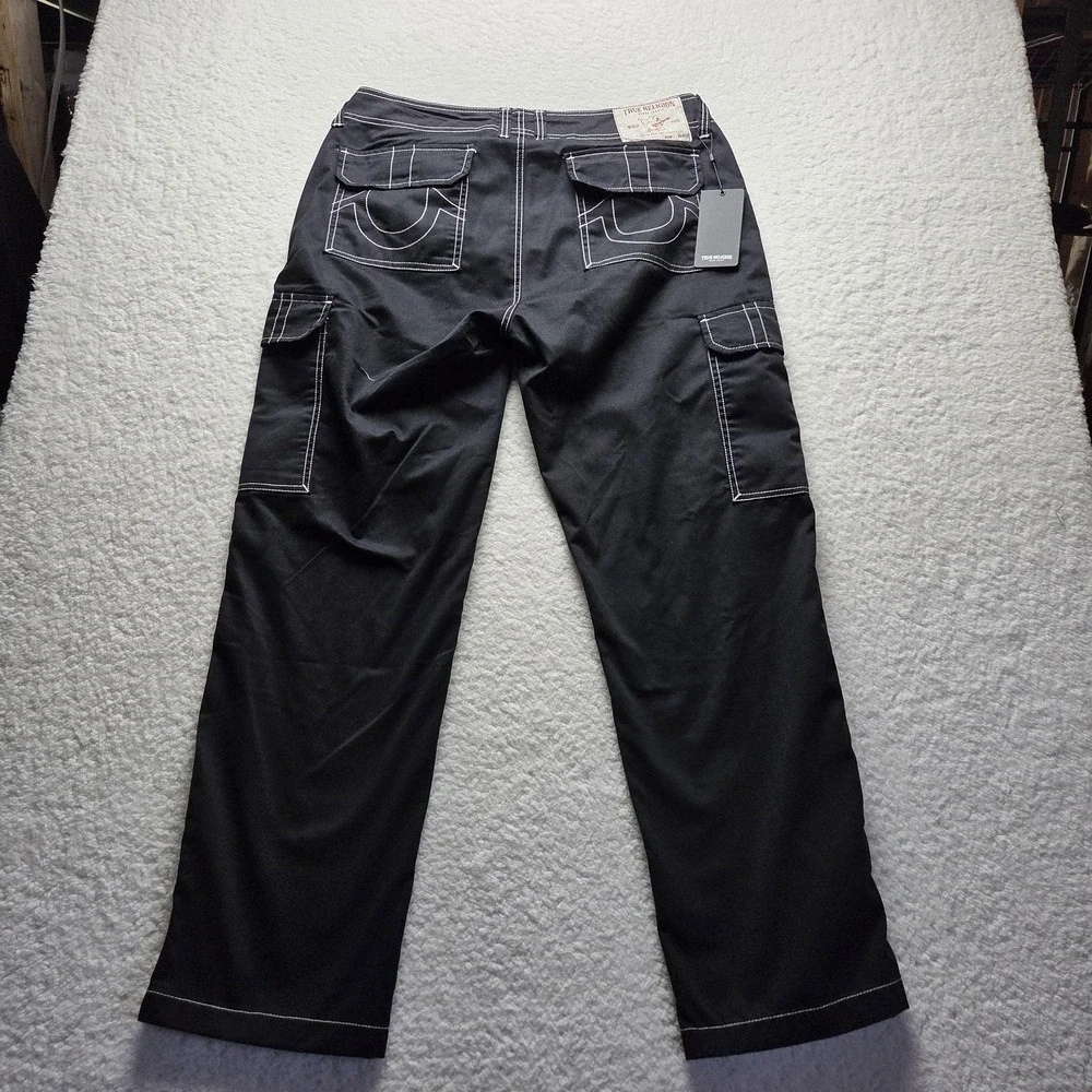 True Religion Cargo Pants Mens 35x31 Black Denim Contrast Stitch Pockets Casual